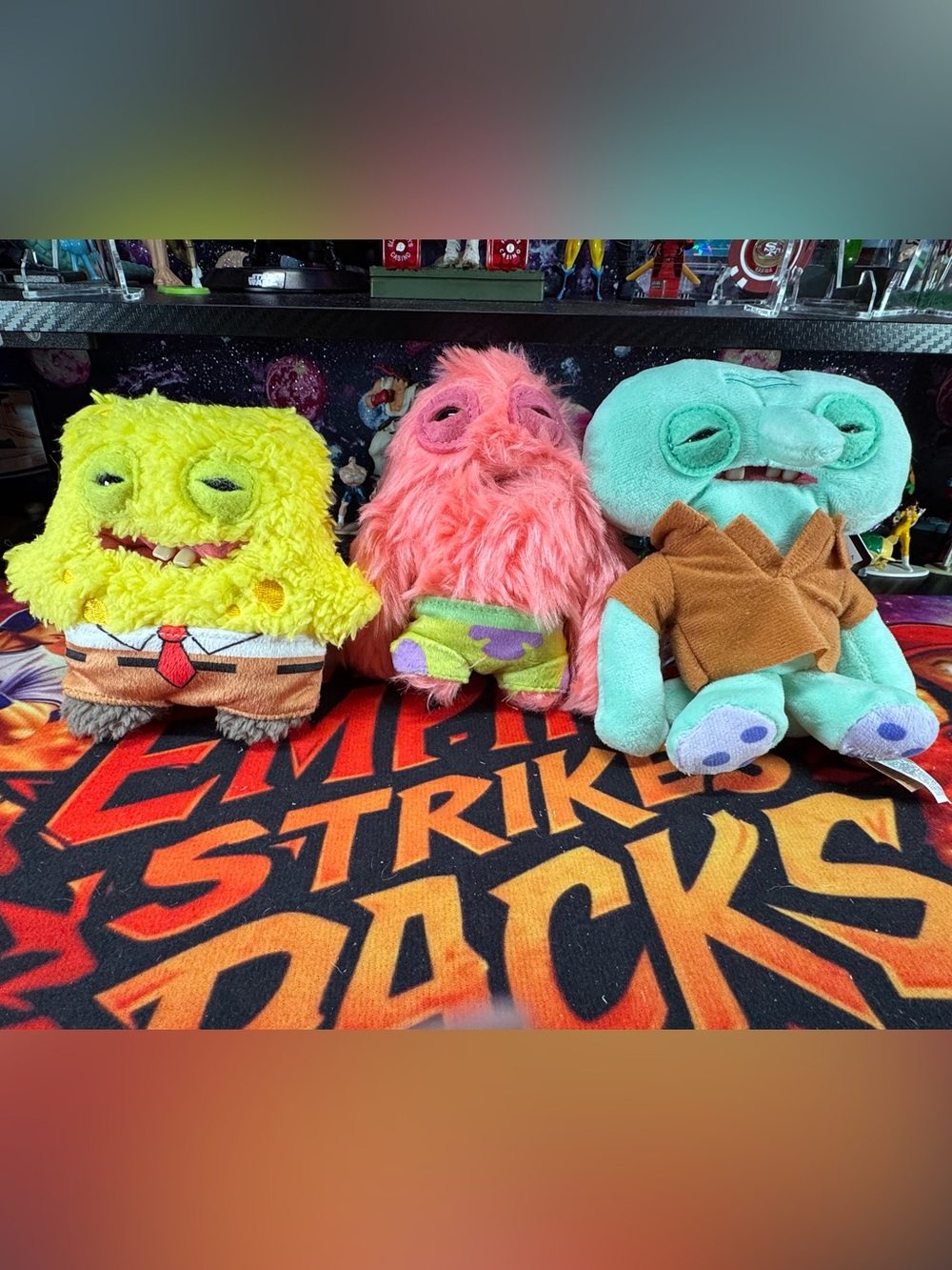 SpongeBob Fuggler Plush keychain Set includes SpongeBob, Patrick, & Squidward